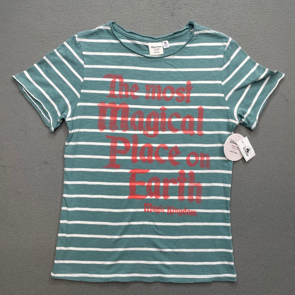 Disney Parks Women T-Shirt Teal Striped Cotton Medium Magic Kingdom Junk Food